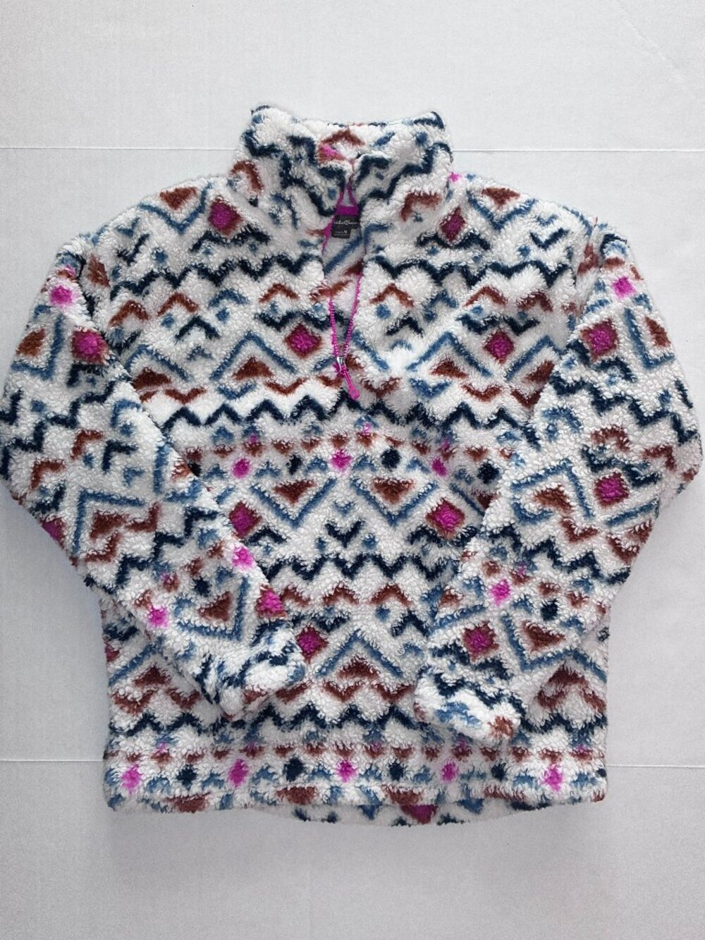 Eddie Bauer Plush Sherpa Fleece Quarter Zip Pullover - Medium - Geometric Print